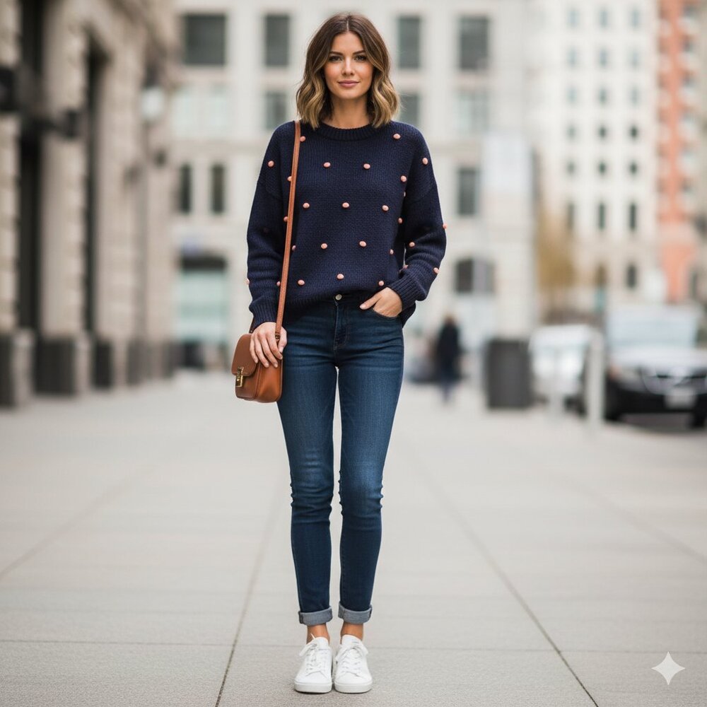 Madewell Women's Navy & Orange Wellesley Bobble Pullover Crewneck Sweater Size M
